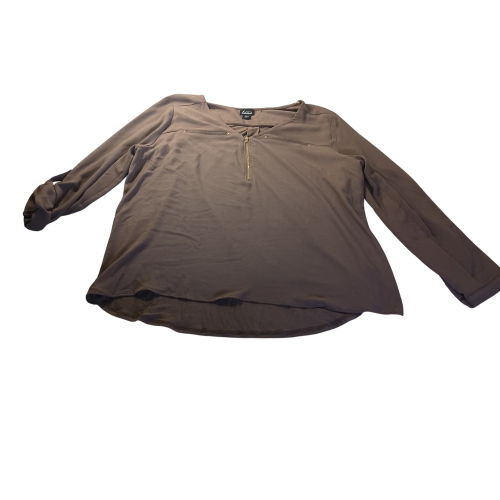 Simply Emma Zip Front Knit Back Blouse Womens 2X Plus Size Taupe Minimalist READ